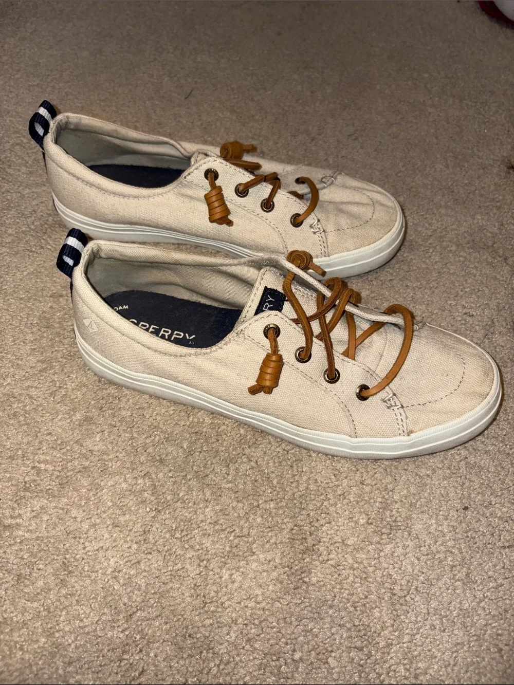 Sperry Women’s Canvas Boat Sneakers in Cream with Navy Stripes